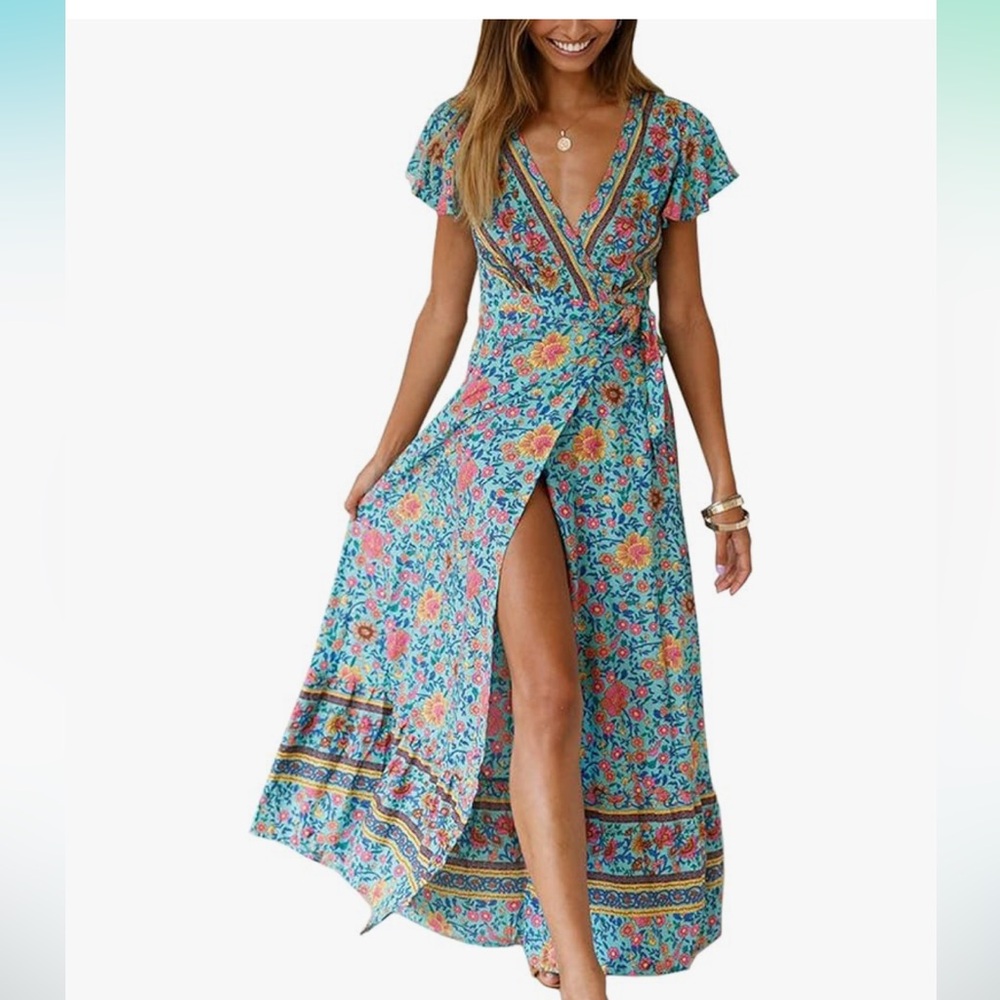 Amazon Floral Wrap Maxi Dress in Turquoise, Pink, Yellow